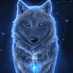 Волки Серый волк в ошейнике с синей звездой на фоне ночного неба аватар