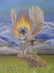 Волки Крылатый волк с огненной гривой на камне аватар