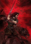 Волки Воин с мечом и волком в ярости на красном фоне аватар