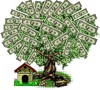 Деньги, золото Дерево с листьями из долларов и маленький домик аватар