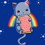 Котенок держит в лапках печенье на фоне звезд и радуги
