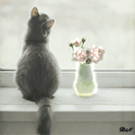 Кошки и котята Кошка сидит на подоконнике, рядом стоит ваза с розами аватар