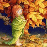 Листья, листва, трава Девочка укрылась листиком стоя возле жёлтых листьев аватар