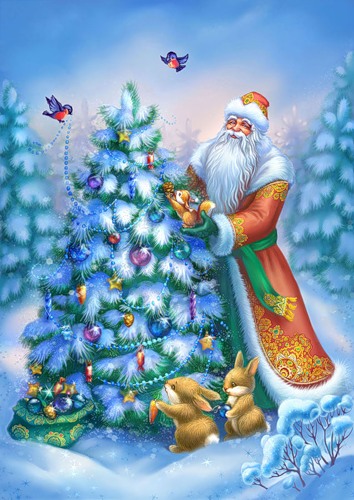Новый год и Рождество С Новым годом! Дед Мороз украшает елочку в лесу аватар