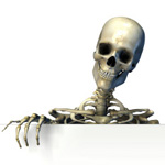 Привидения, скелеты, черти Улыбающийся скелет положил руку на белую перегородку аватар