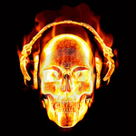 Привидения, скелеты, черти Огненный череп в наушниках на черном фоне аватар